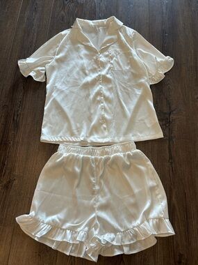 White Satin Short Pajama Set with Ruffle Shorts
